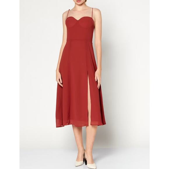 REVOLVE OPT Sweetheart Midi Dress Tie Shoulder Slit Chiffon, Rust - Picture 1 of 11